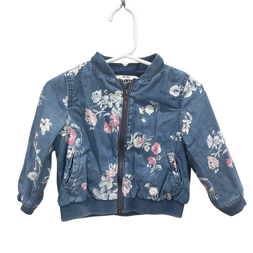 OshKosh B'gosh Baby Size 18 Months Blue Floral Print Bomber Zipper Jean Jacket